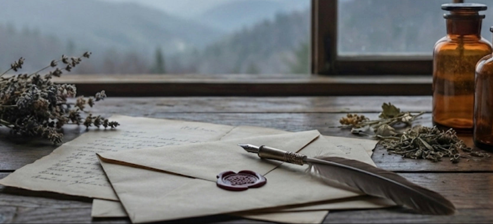 Vintage desk scene with bottles, letters, and a feather pen, set against a window view of mountains.